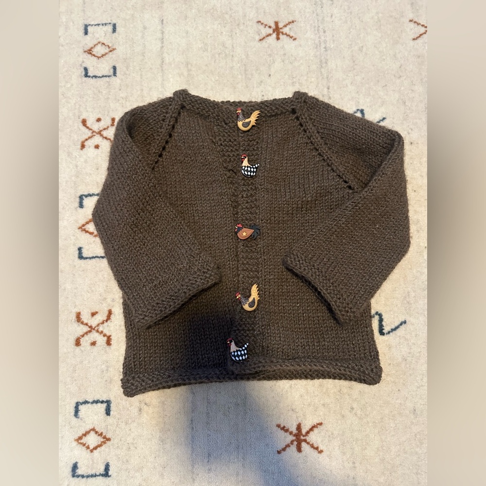 12 month brown sweater with chicken buttons (runs big)